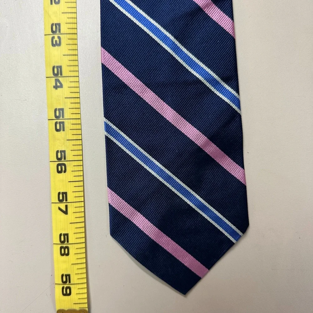 Polo Ralph Lauren Silk Tie Navy Blue Pink Striped Handmade Italy Mens Necktie